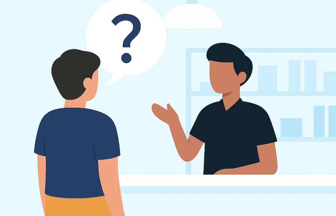 Flat-style illustration of a woman talking to an Amazon employee at a service counter, both pointing at a large wall clock — representing the “30-day” return period confusion versus actual price matching policy, with a clean, modern look and no text in the image.