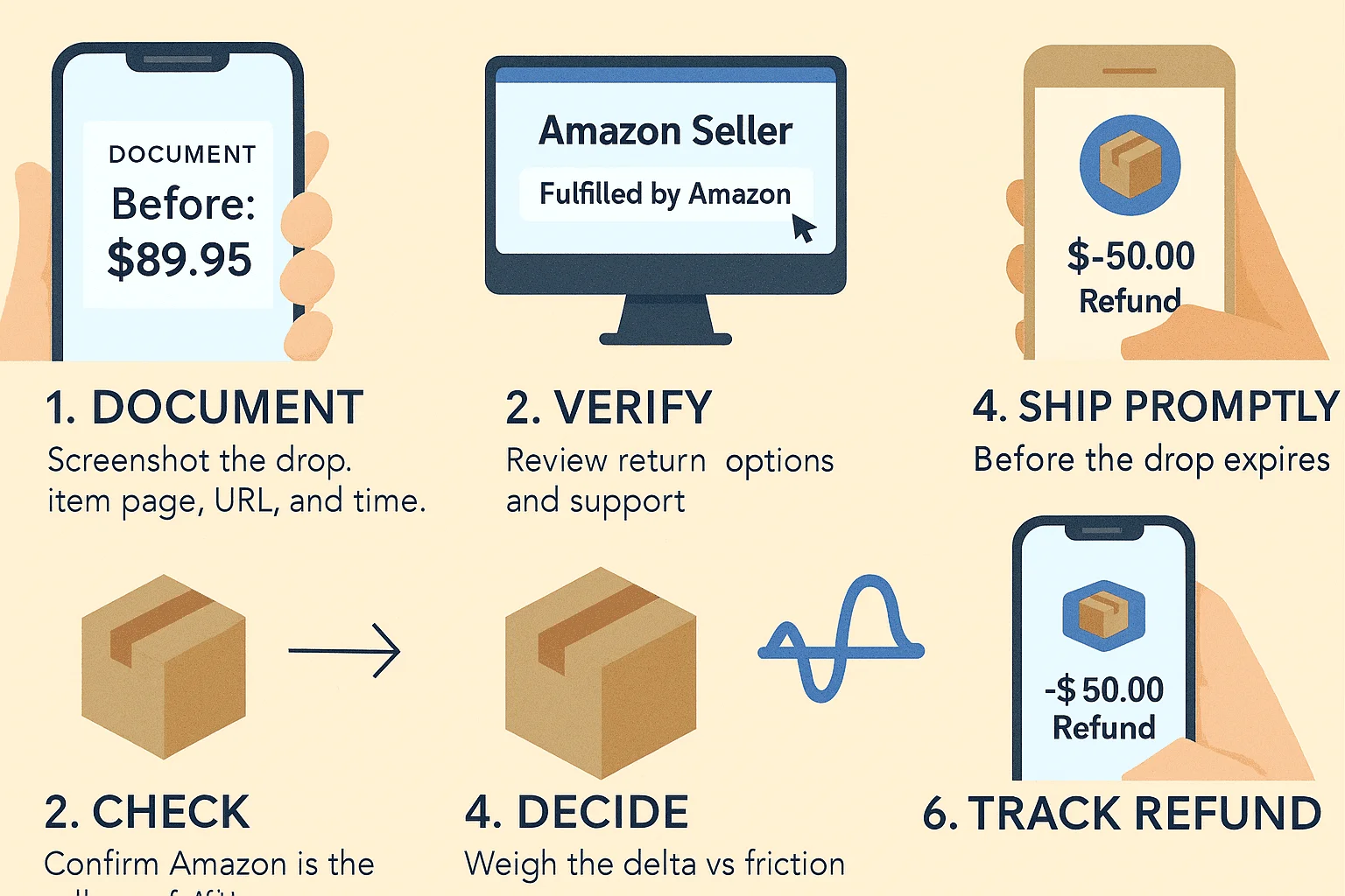 isual step-by-step Amazon refund process showing documentation, verification, and tracking steps