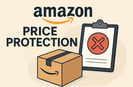Detailed illustration showing an Amazon package and a clipboard with a red X symbolizing no price protection policy