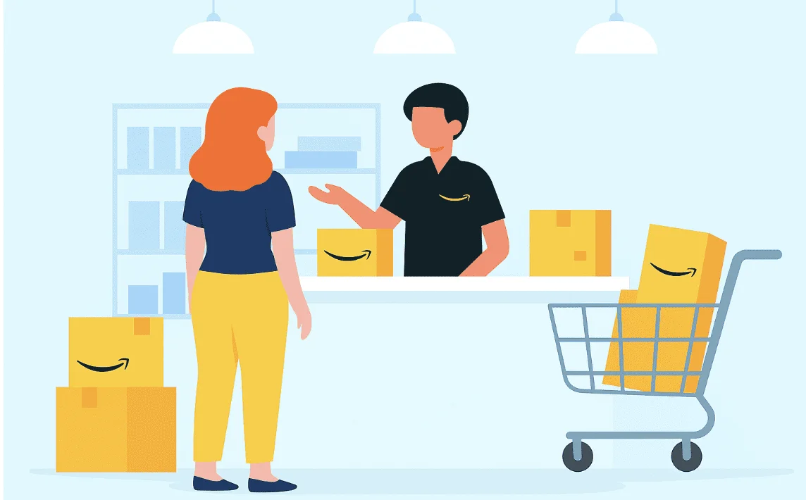 Illustration of a customer speaking with an Amazon employee at a service counter, surrounded by yellow boxes and a shopping cart — concept of asking for a price adjustment or refund after purchase, with a clean modern style and no text in the image